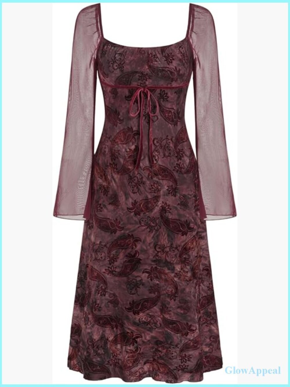 Paisley Print Mesh Long Sleeve Maxi Dress Y2K Party Night Out